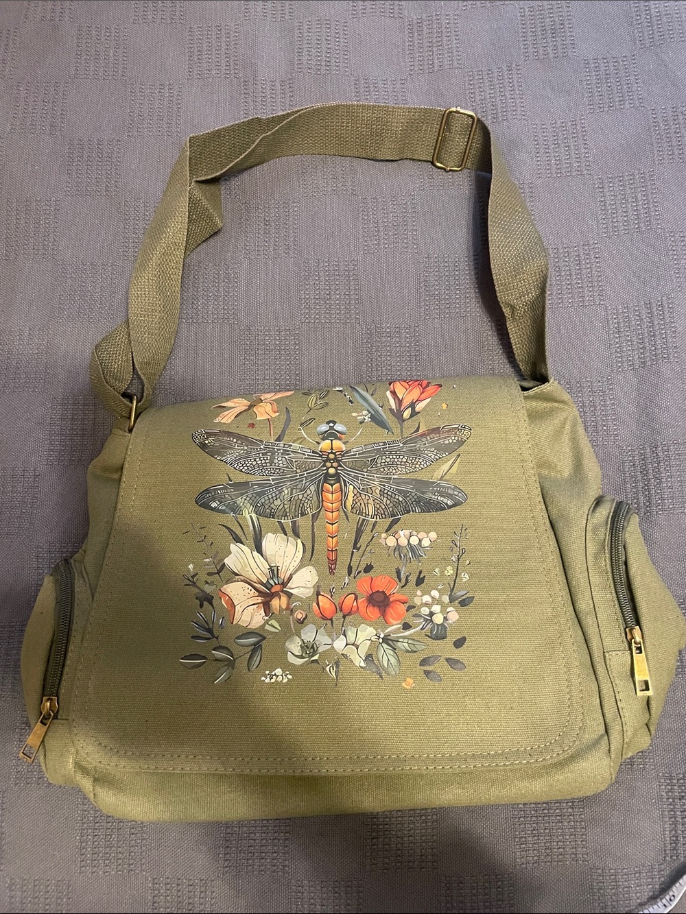 Olive Green Dragonfly Floral Canvas Crossbody Bag